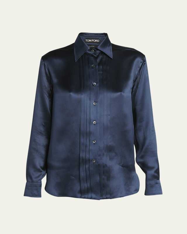 Fluid Charmeuse Pleated Silk Button-Front Blouse