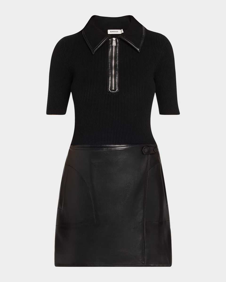 Ettalyn Ribbed Faux Leather Combo Mini Dress