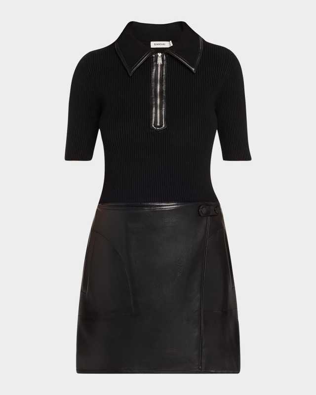Ettalyn Ribbed Faux Leather Combo Mini Dress