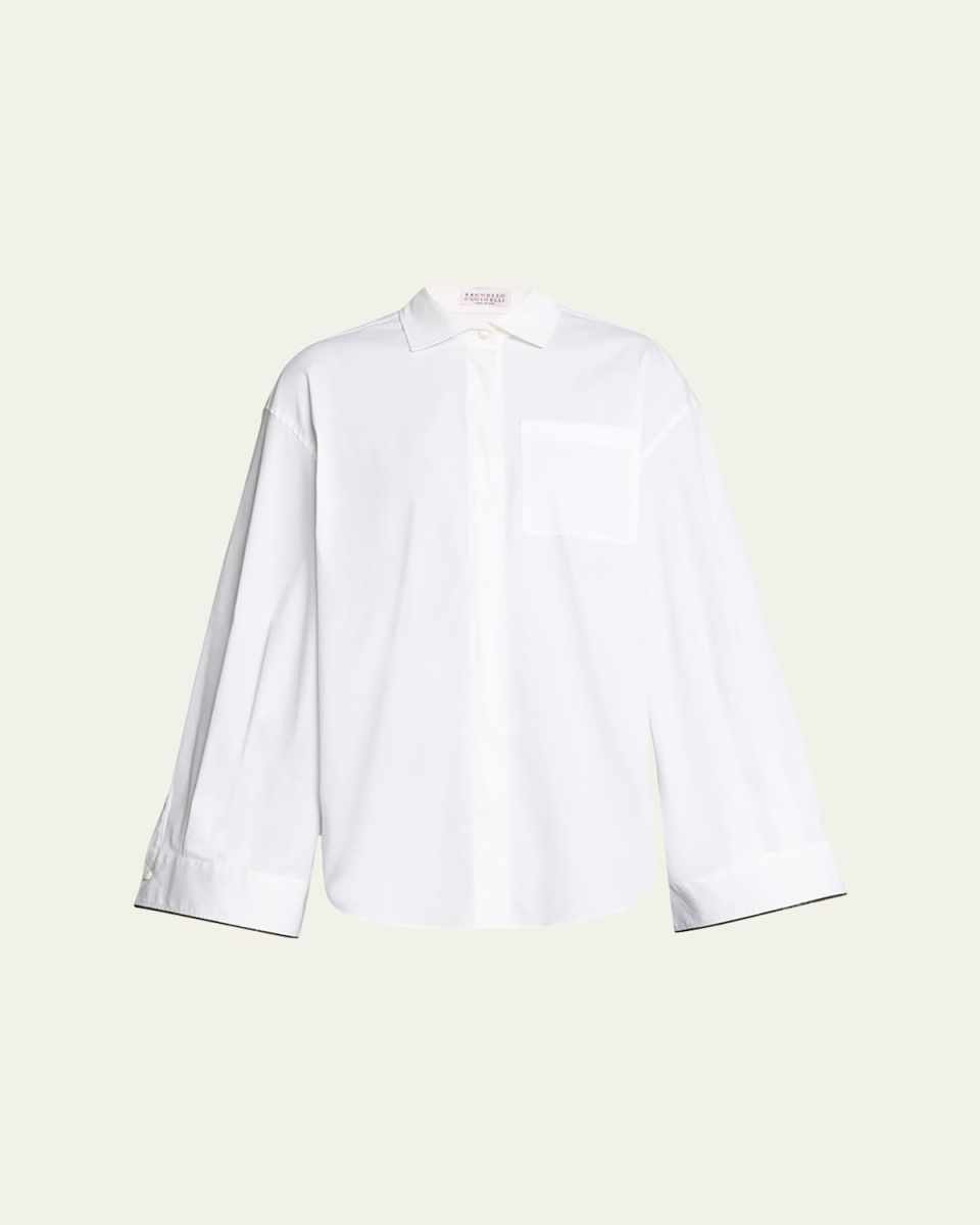 Monili-Cuff Bell-Sleeve Cotton Poplin Shirt