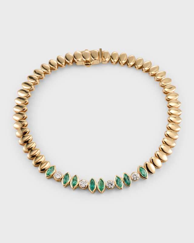 14K Yellow Gold Chemin Marquise-Cut Emerald and Diamond Bracelet