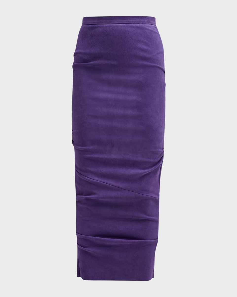 Ruched Suede Midi Pencil Skirt