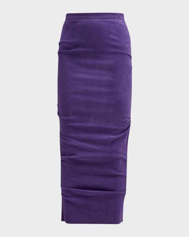 Ruched Suede Midi Pencil Skirt