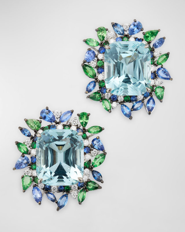 18K White Gold Aquamarine, Sapphire, Tsavorite and Diamond Earrings