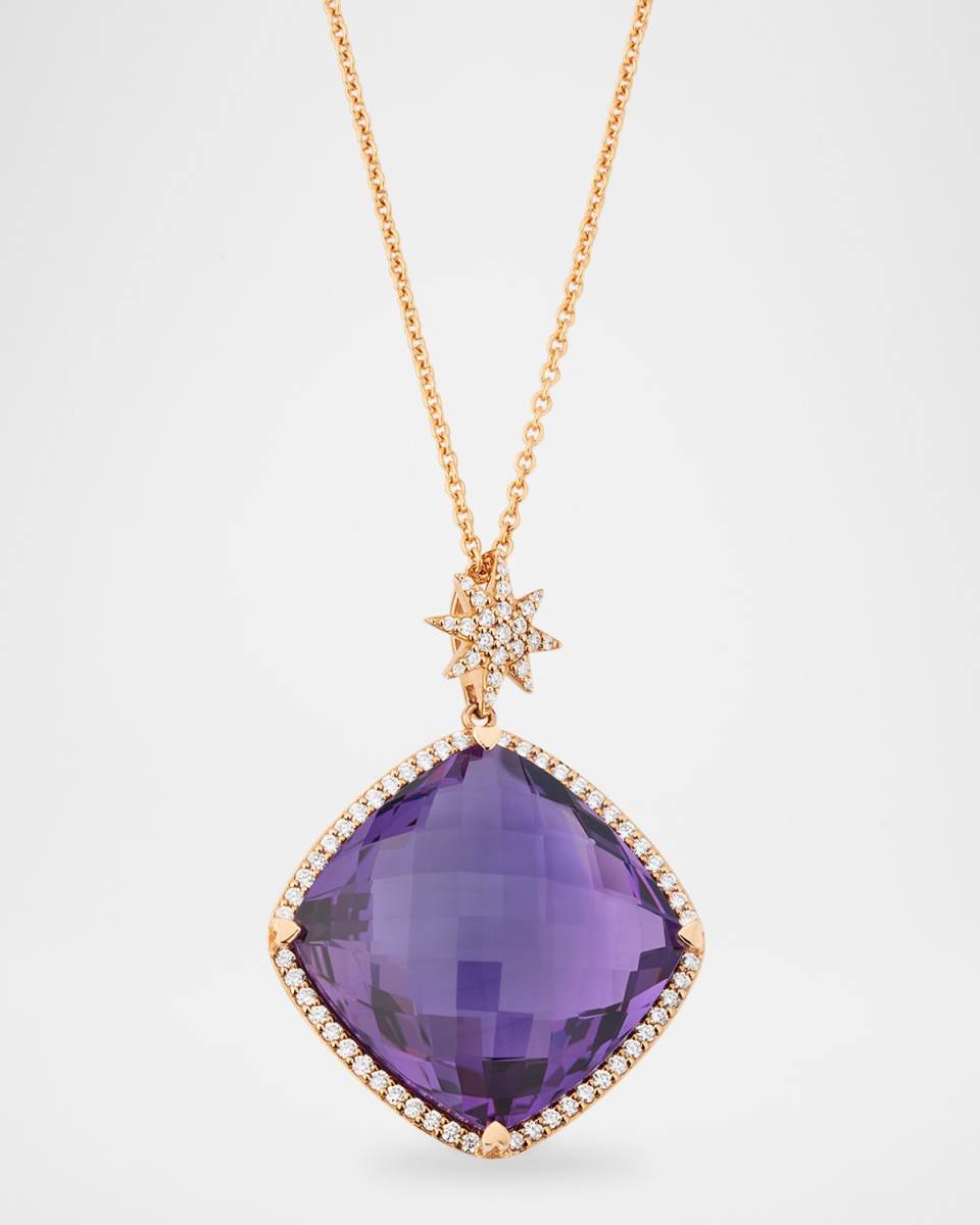 Rocks 18K Rose Gold Cushion Cut Amethyst Diamond Halo and Star Bail Pendant Necklace