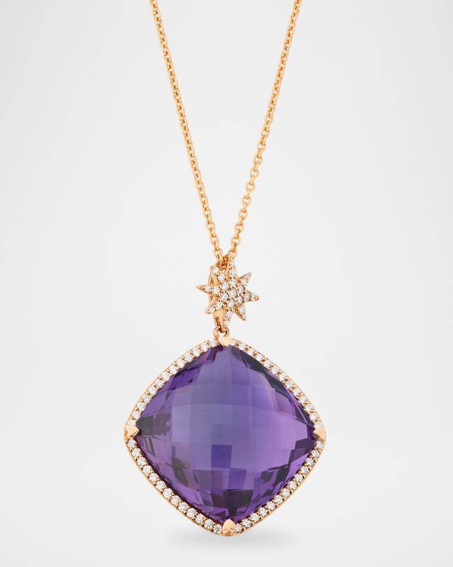 Rocks 18K Rose Gold Cushion Cut Amethyst Diamond Halo and Star Bail Pendant Necklace