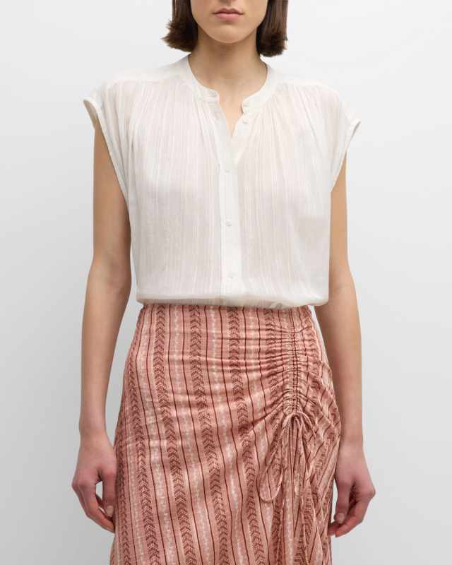 Clio Ruched Button-Down Striped Blouse