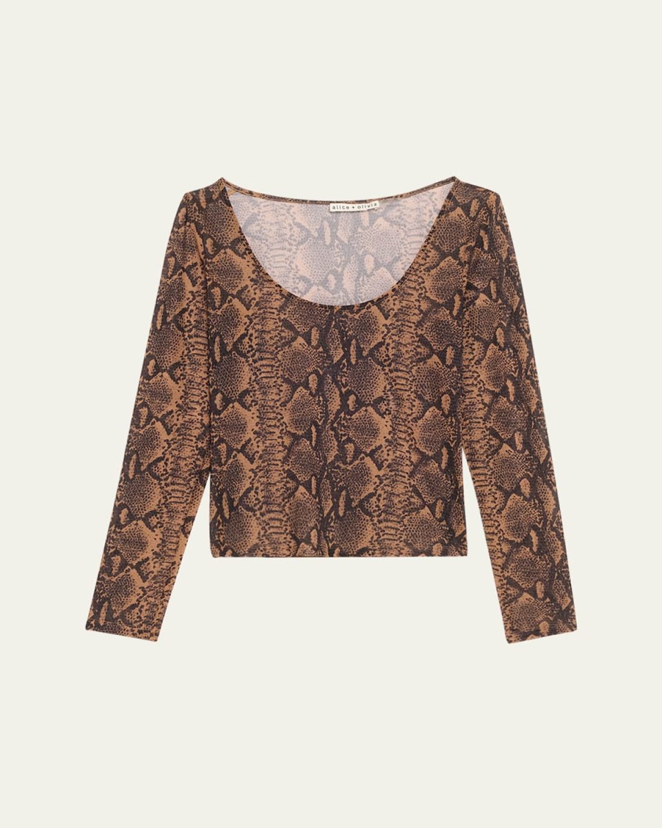 Delaina Snake Mesh Long-Sleeve Crop Top