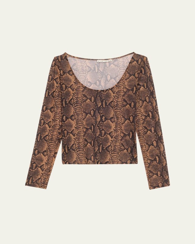 Delaina Snake Mesh Long-Sleeve Crop Top