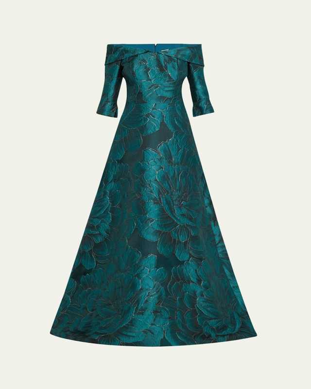 Off-Shoulder Floral Jacquard Gown