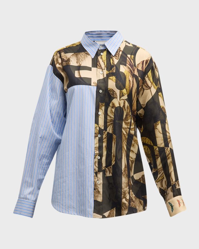 Striped & Floral-Print Cotton-Silk Shirt