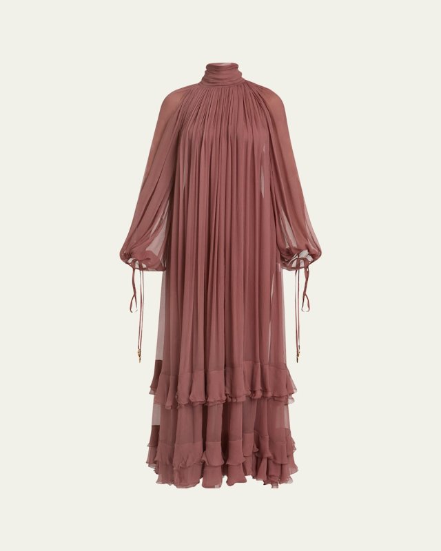 Maxi Ruffled Mock Neck Silk Mousseline Dress