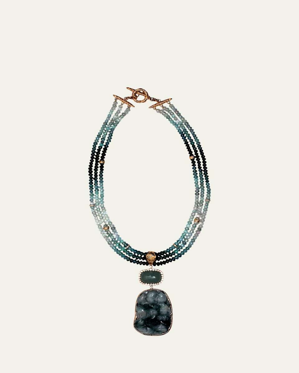 18K Gold Vintage Hand-Carved Pendant 3-Strand Necklace With Jade, Aquamarine, Tourmaline, and Diamonds