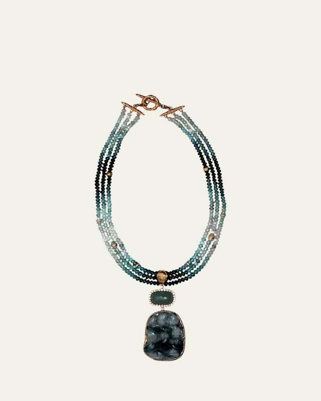 18K Gold Vintage Hand-Carved Pendant 3-Strand Necklace With Jade, Aquamarine, Tourmaline, and Diamonds