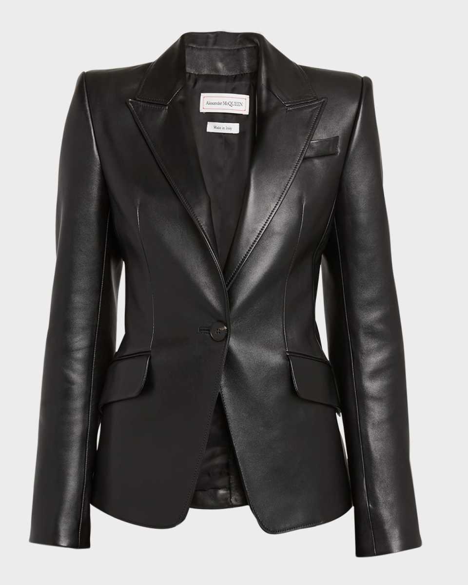 Leather Tailored Single-Breasted Blazer Jacket
