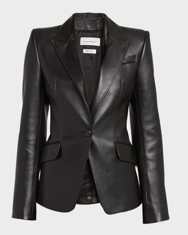 Leather Tailored Single-Breasted Blazer Jacket