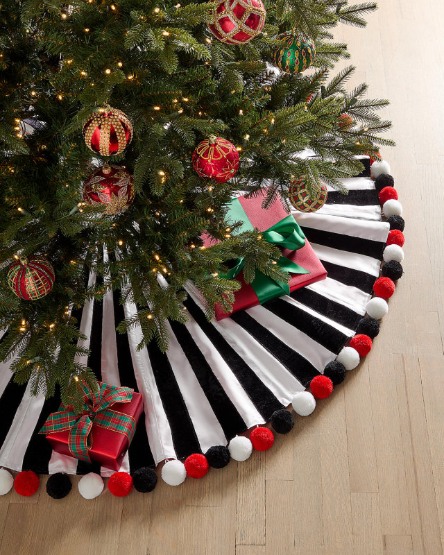 64" Two-Tone Striped Tree Skirt with Pom Poms