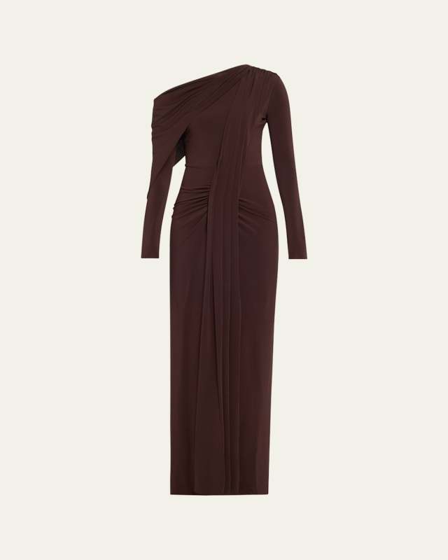 One-Shoulder Long-Sleeve Draped Gown