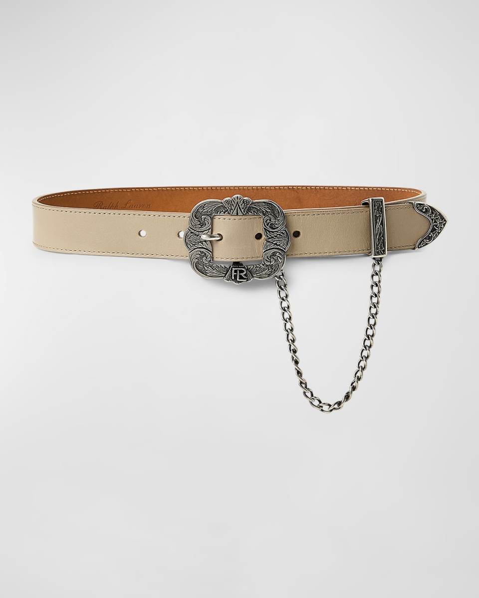 Tooled-Buckle Chain-Trim Calfskin Belt