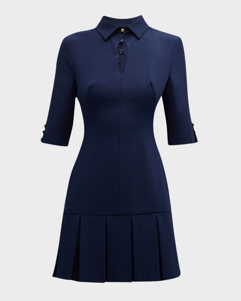 Rami Pleated Cutout Elbow-Sleeve Mini Dress