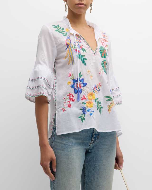 Floral-Embroidered Cotton Blouse