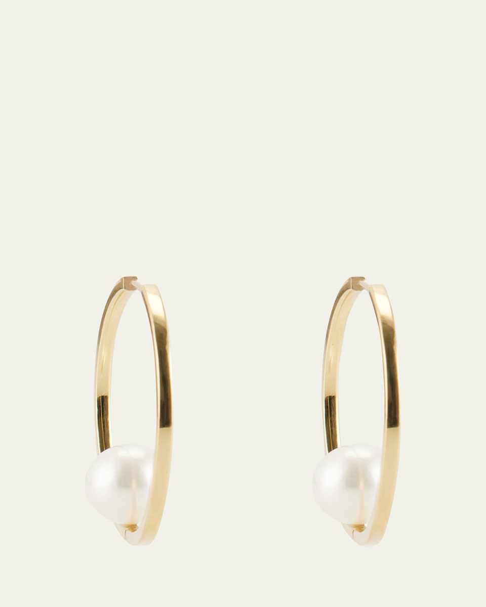 18K Gold White Pearl Hoop Earrings