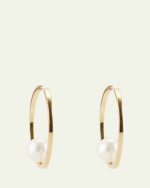 18K Gold White Pearl Hoop Earrings
