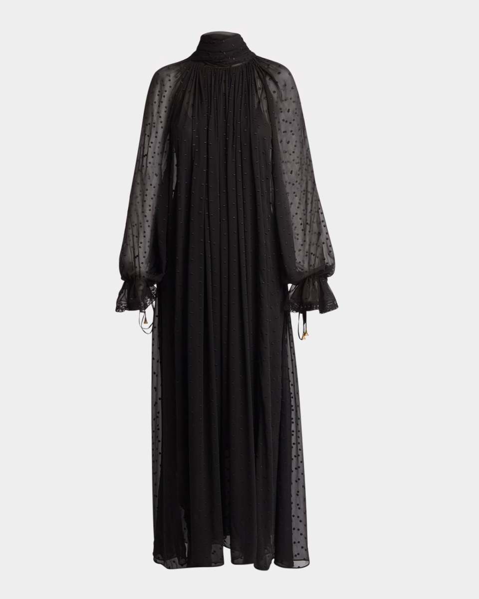Turtleneck Long-Sleeve Swiss Dot Silk Maxi Dress