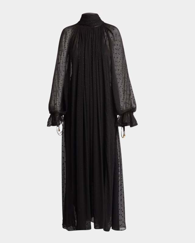 Turtleneck Long-Sleeve Swiss Dot Silk Maxi Dress