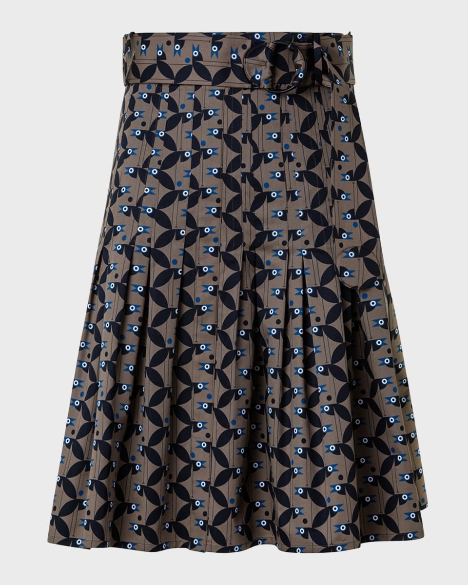 Bird-Print Pleated Cotton Satin Belted Skirt