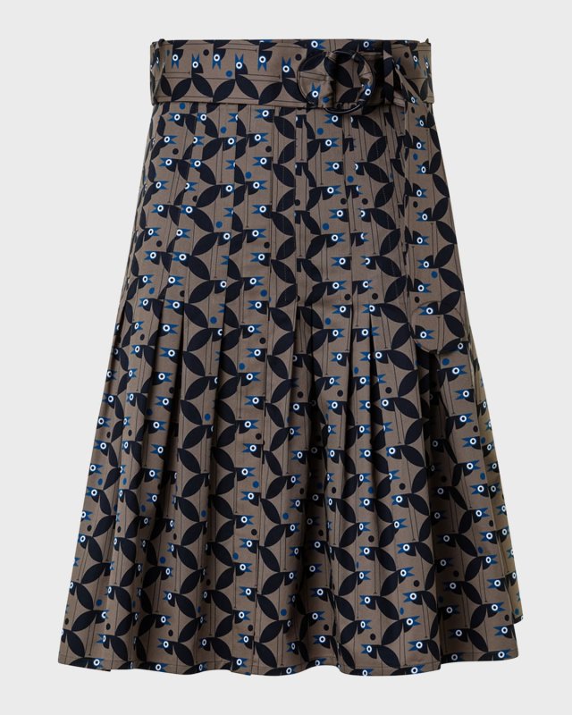Bird-Print Pleated Cotton Satin Belted Skirt