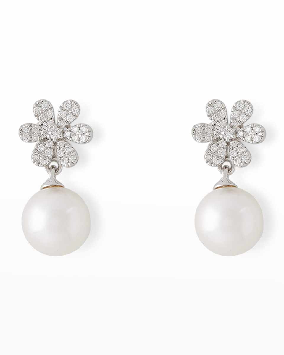 18K White Gold Diamond Flower and 8.5mm Akoya Pearl Drop Earrings