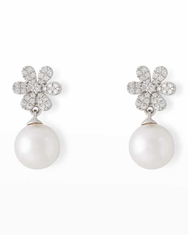 18K White Gold Diamond Flower and 8.5mm Akoya Pearl Drop Earrings