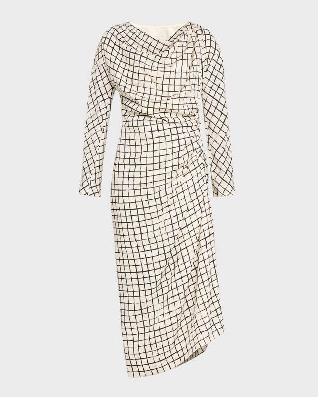 Didi Grid-Printed Draped Midi Dress