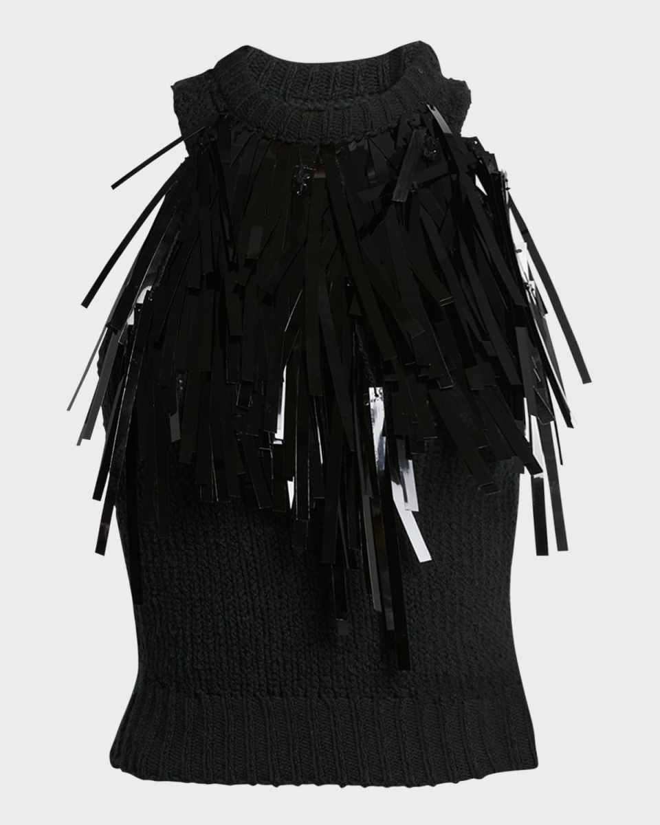 Fringe High-Neck Knit Top