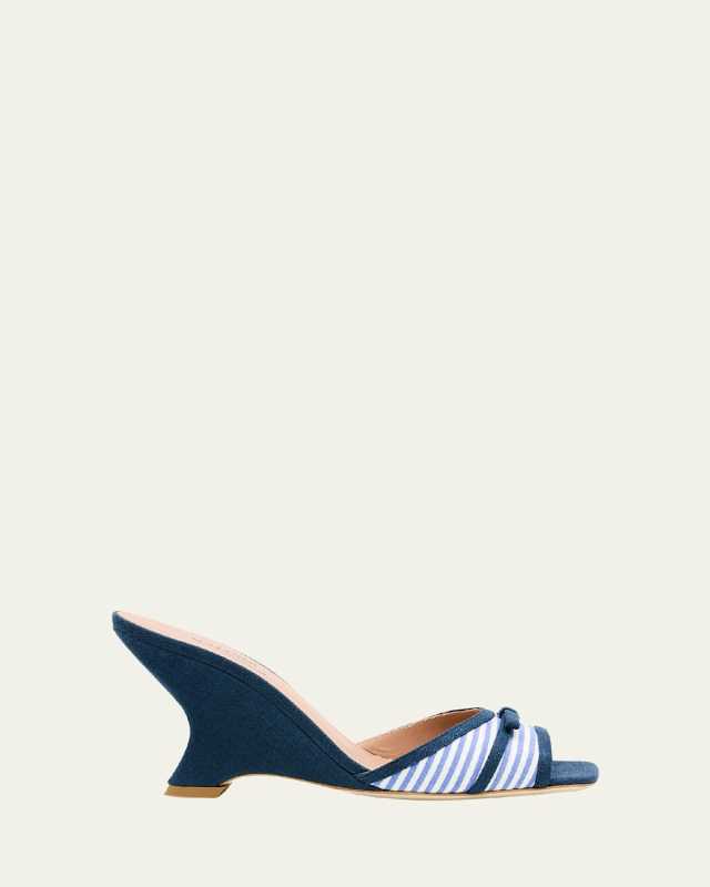x Tabitha Simmons Isla Striped Bow Mule Wedge Sandals
