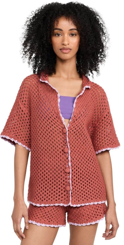 MINKPINK Carver Crochet Henley Top Rust/Pink