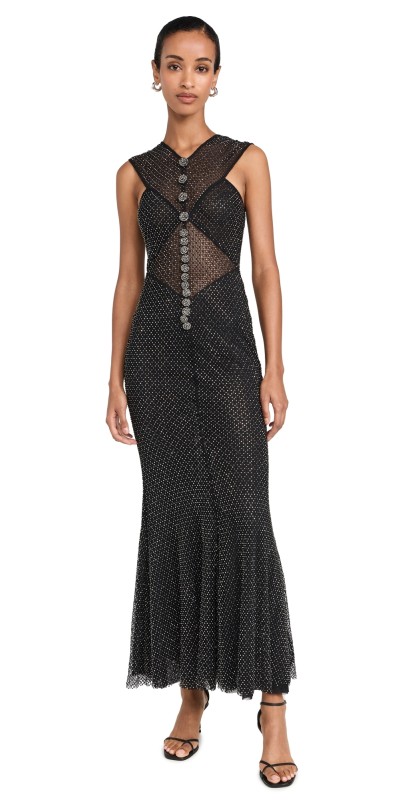 Self Portrait Black Rhinestone Fishnet Crossover Dress Black