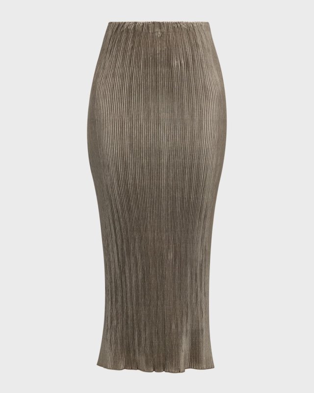 Kylii Pleated Satin Midi Skirt