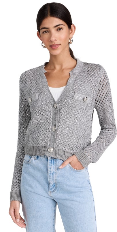L'AGENCE Blanca Sequin Crop Cardigan Silver
