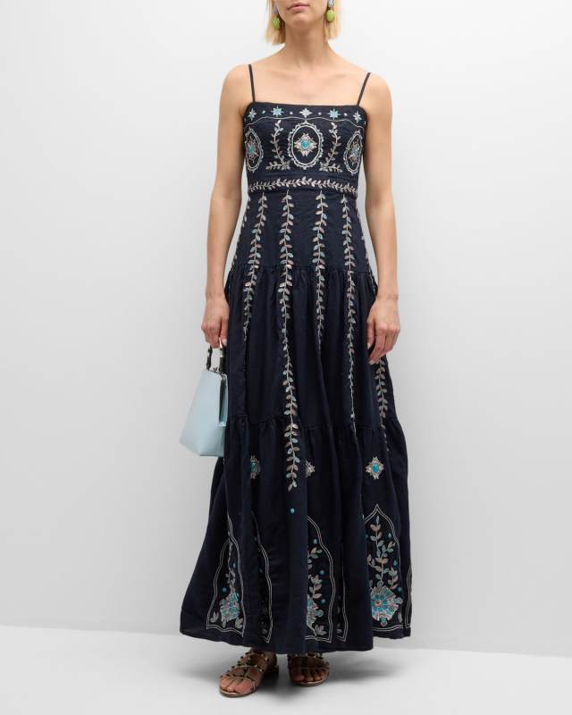 Lima Relicario Embroidered Linen Maxi Dress