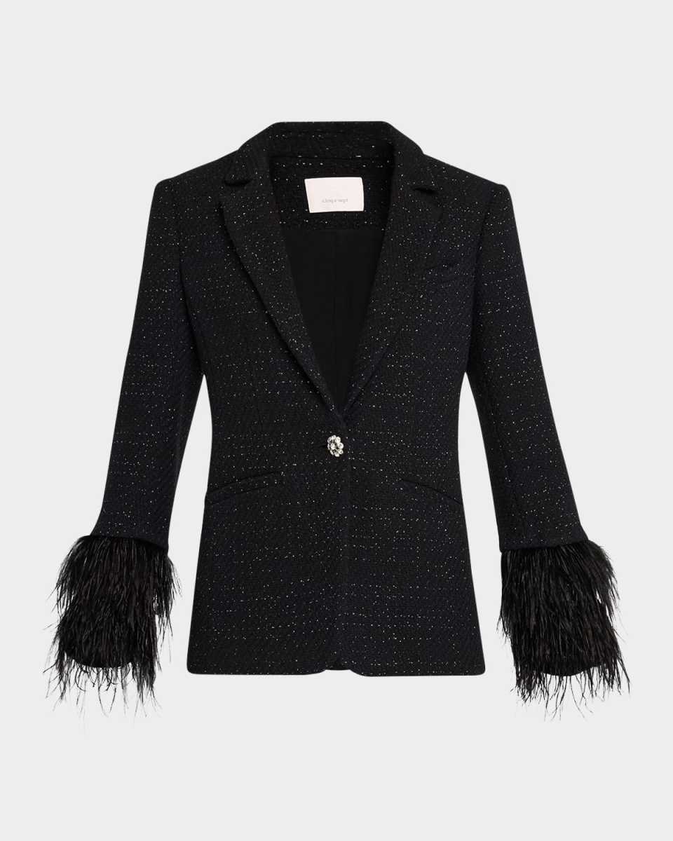 Karlie Feather-Trim Shimmer Boucle Blazer