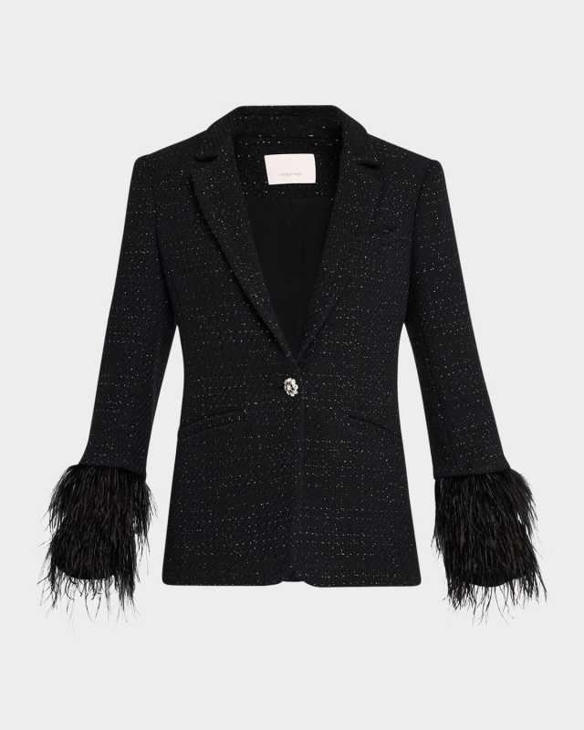 Karlie Feather-Trim Shimmer Boucle Blazer