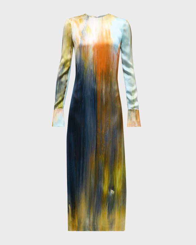 Abstract Marocaine-Print Long-Sleeve Satin Midi Dress