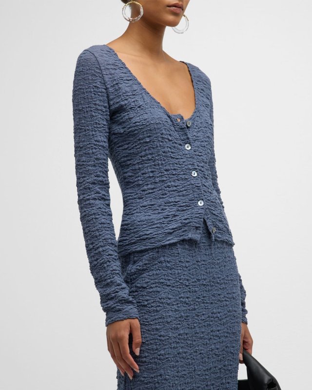 Smocked Long-Sleeve Button-Front Top