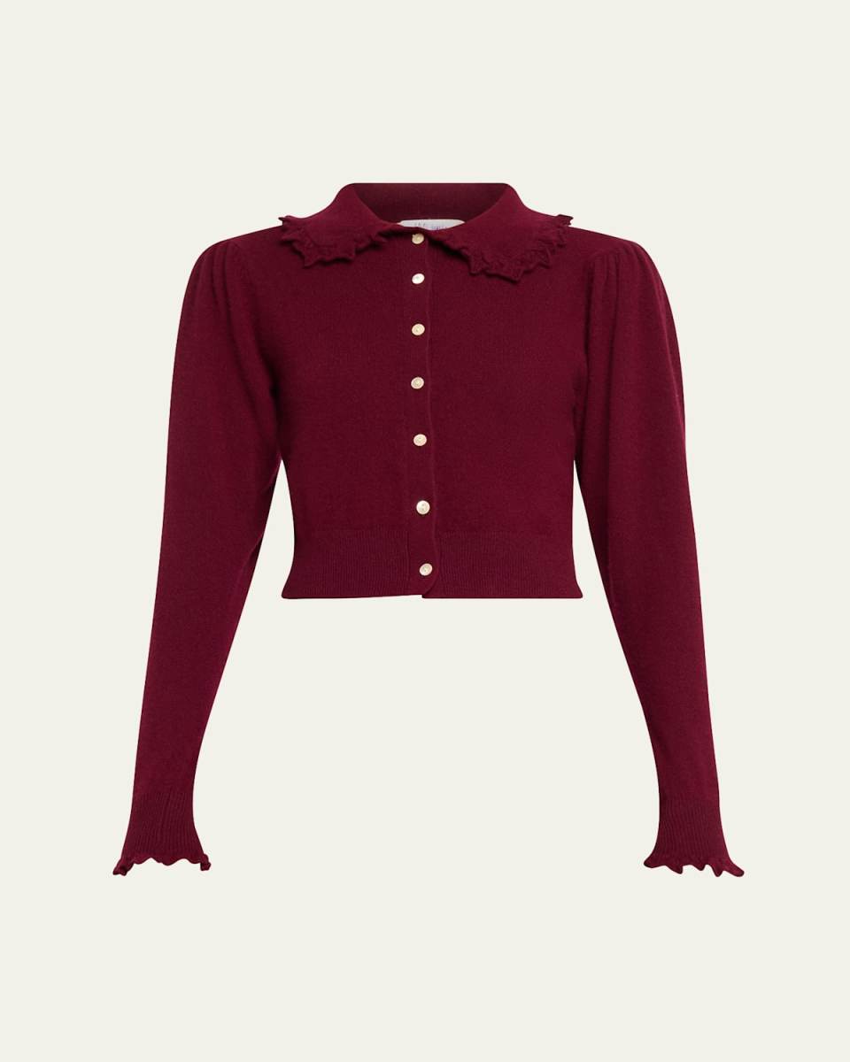 Kalila Cashmere Knit Cropped Ruffle-Collar Cardigan