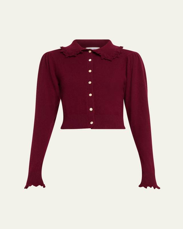 Kalila Cashmere Knit Cropped Ruffle-Collar Cardigan