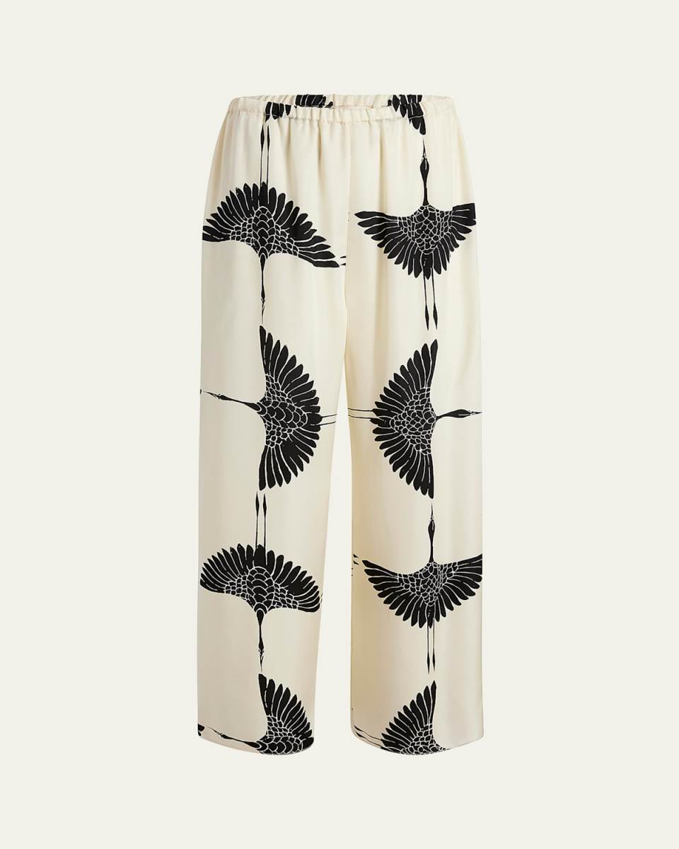 Mindy Bird-Print Wide Leg Pants