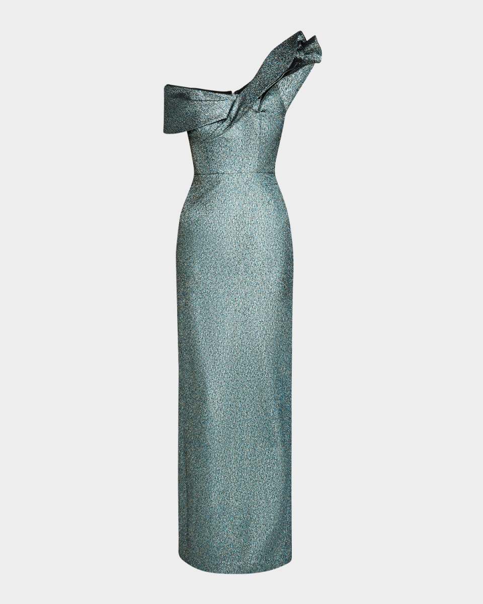 One-Shoulder Metallic Jacquard Column Gown