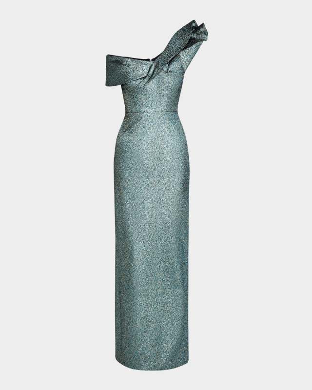 One-Shoulder Metallic Jacquard Column Gown
